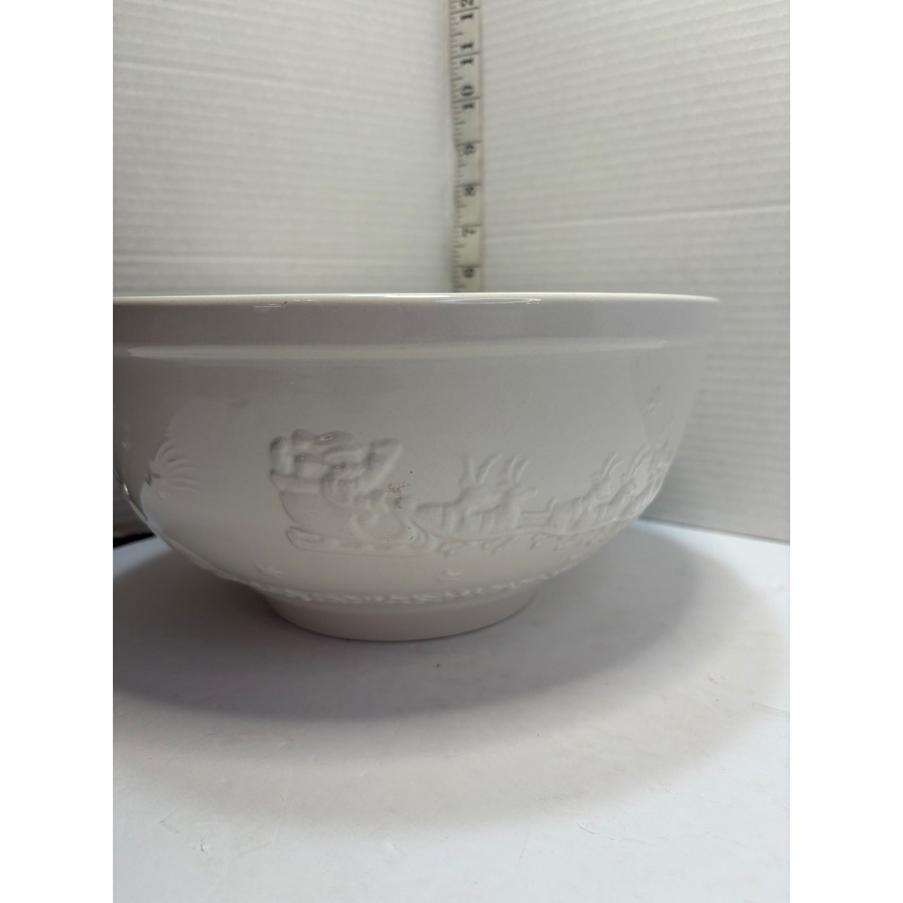 WCL White Ceramic Christmas Bowl Embossed Santa Sleigh Village Holiday Vintage